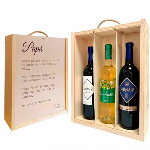 Adri - Caja de madera personalizada con botellas de vinos incluidas - Regalos personalizados originales para padres, madres, hermanos, abuelos (FRASE PAPA)