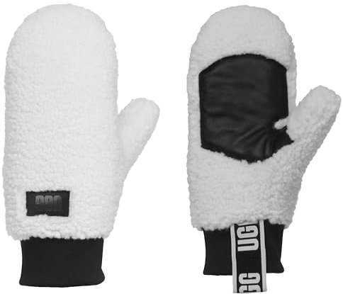 UGG UGGFluff Damen-Fäustlinge mit Logo, weicher Polyester-Körper, Leder-Handflächenaufnäher, Nimbus, Small-Medium