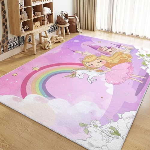 Generisch Waschbarer Teppich 140x200cm Cartoon-Mädchen Einhorn Schloss Lila Wohnzimmer Schlafzimmer Anti-Rutsch Teppich, Flauschig Weich Kurzflor Teppich, Moderne Heimdekorative Teppiche