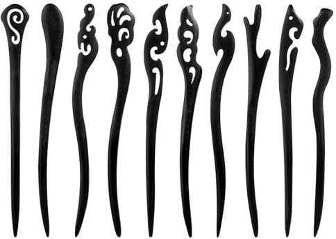 JIYIN Lot de 10 baguettes à cheveux en bois - Style vintage - Pour chignons - Noir - Style chinois - Pour femme et fille (style 2)