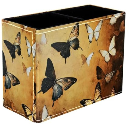 VAPOKF Vintage Butterfly Pen Holder for Desk, 2 Compartments Pen Pot Pencil Holders Makeup Brushes Storage Desktop Stationary Supplies Organiser for Home Office