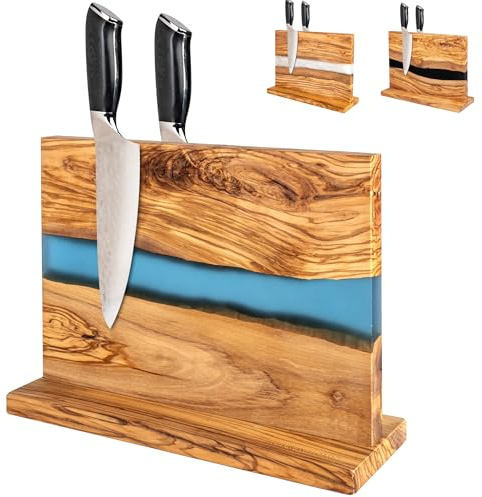 Magnetic Knife Block Made of Imported Italian Olive Wood and Blue Resin