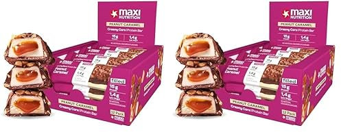 MaxiNutrition Creamy Core Bar Peanut Caramel, 12x45g Protein-Riegel, 32% Eiweiß, 15g je Riegel, low Sugar (1,4g), ohne Zuckerzusatz, ohne künstliche Aromen (Packung mit 2)