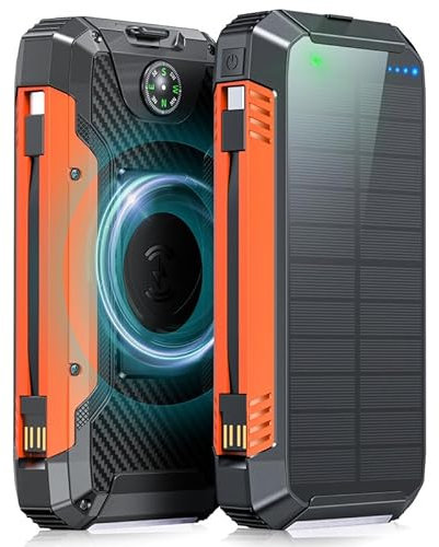 42800mAh Solar Power Bank: 22.5W Fast Charging Portable Charger PowerBank with Built in Cable Solar Charger USB C Input & Output, Wireless Battery Pack with Flashlight for Smartphones Tablets