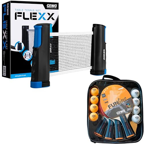 Bundle aus GEWO Family & Friends Tischtennisschläger-Set - 4 Tischtennisschläger für Hobby mit 8 TT-Bällen + GEWO Table Tennis Net FleXX - Tischtennisnetz für Jeden Tisch - Netzhöhe 15,25cm