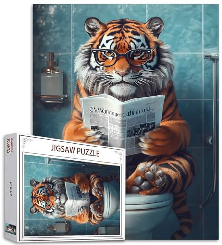 Tiger lesen Zeitung 1000 Stück Jigsaw Puzzles Erwachsene 27×20 Zoll Tier gehen Toilette Puzzles Wildlife WC Puzzle herausfordernde Familie Aktivität Spiele DIY Craft Puzzle für Home Decor Geschenke