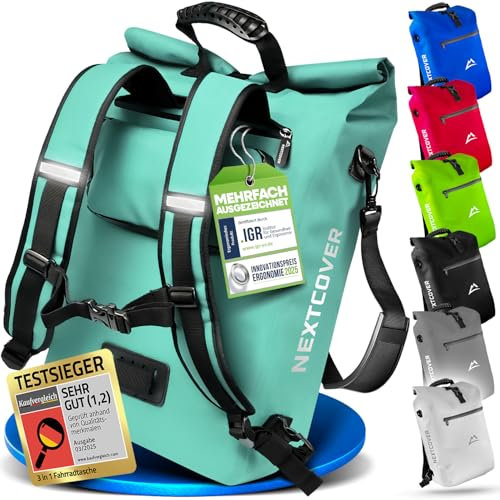 Nextcover® NEU 3in1 Fahrradtasche für Gepäckträger [PVC frei] - Gepäckträgertasche, Fahrradtasche Rucksack und Umhängetasche 25L I Fahrrad Tasche wasserdicht, Fahrradtaschen Gepäckträger