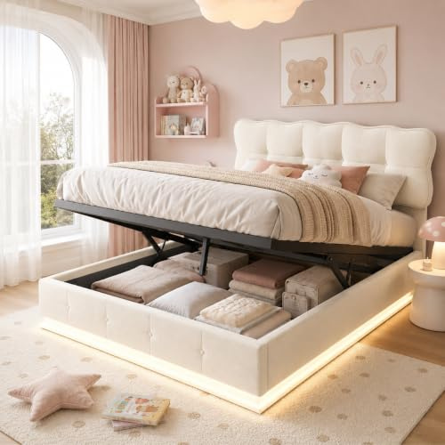 PerGar Bett 160x200 mit Hydraulischem Stauraum, Polsterbett Doppelbett mit LED Kopfteil, Jugendbett mit Bettkasten, Stauraumbett Bettgestell mit Lattenrost, Samt, Beige, Ohne Matratze