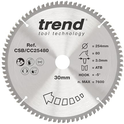 Trend 254mm TCT Wood Mitre Saw Blade, 80T, 30mm Bore, Extra-Fine Finish | Designed For Fine Crosscuts In Wood For Mitre Saws, With 80 Teeth, -5° Hook, 3mm Kerf And TCT Tips, CSB/CC25480