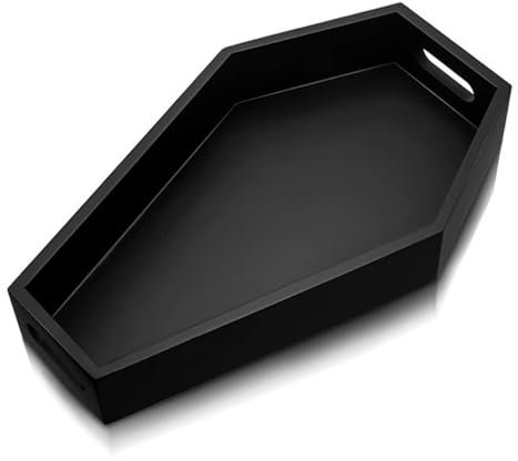 Coffin Tray, Wooden Gothic Black Coffin Halloween Serving Tray 13x8.6x2.4 In, Spooky Creepy Decorative Desktop -Shape Shelf for Food, Makeup, Perfume, Jewelry