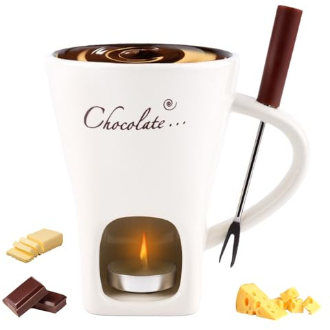 Gosknor Chocolate Fondue Mug with Fork, Sweet Melting Cup with Tealights for Hot Chocolate Cheese & Desserts Ceramic Fondue Pot Set Ideal for Date Nights Birthdays Anniversary Weddings (White)