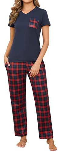 Crewhpo Pyjama Femme Été Coton Ensembles de Pyjama Femme à Col en V 2 Pièces Vêtements de Nuit Doux T-Shirt Manche Courte et Pantalon à Carreaux Rouge L