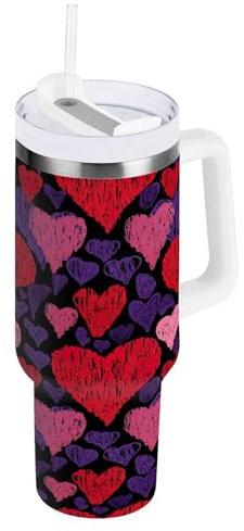 RPLIFE Red Pink Colors Painted Hearts Black Tumbler with Handle Tasse en acier inoxydable isotherme avec poignées pour femme
