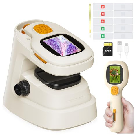 1000X Handheld Digital Microscope For Kids: 2 HD Screen Miniscope with Slides, Detachable Stand Microscope Kit - Portable Pocket Magnifier STEM Gift For Kids 5-12