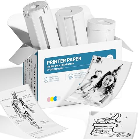 TYPONOS Original selbstklebende Thermo-Etiketten, kompatibel mit PM290 Mini Aufkleber Drucker, 54mm x 3,2m Mini Drucker Papier für Tagebuch, Studium, Fotos, Notizen, 3 Rollen, White
