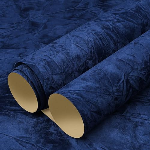 LACHEERY 60cm x 400cm Selbstklebende Tapete Blau Muster Samtstoff Wandtapete Selbstklebend Dunkel Tapete Selbstklebend Dunkelblau Dekorativ für Schlafzimmer Schmuckkästchen Schublade