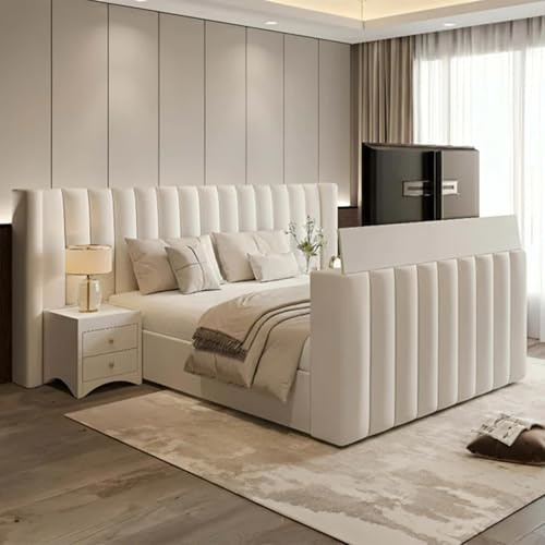 ark future Piper Linestyle Upholstered TV Bed Frame with Remote Control Lift, Velvet Channel Headboard, Optional Storage Base (Steel Plush Velvet, 4ft 6 Standard Double)