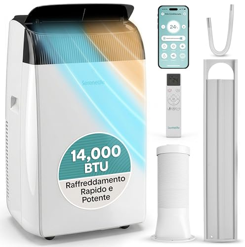 SereneLife Condizionatore Portatile 14000 BTU Inverter, Climatizzatore Portatile 4 in 1 con Wi-Fi, Caldo, Deumidifica, Doppio Tubo, Kit Finestra, Pinguino Condizionatore Silenzioso, Controllo App
