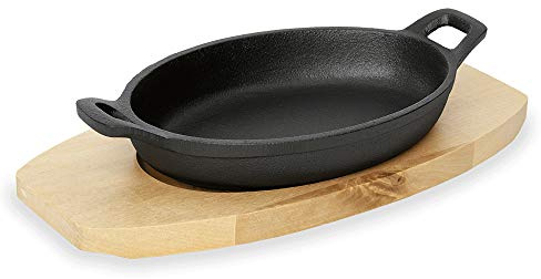 WAS 3536 155 Serie 201 Gusseisen Servierpfanne mit Holzuntersetzer, 15.5cm x 9.5cm x 3.2cm