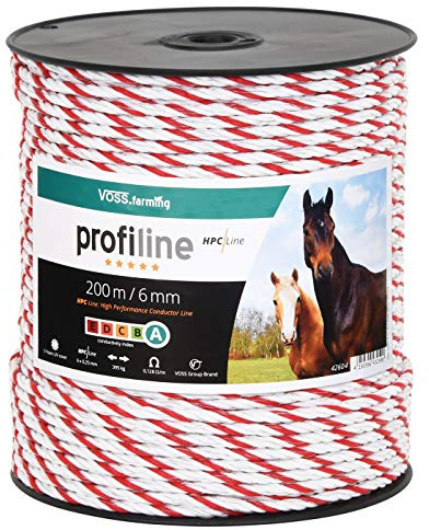 VOSS.farming 200m Weidezaunseil 6mm Elektrozaunseil 6X 0,25 HPC-Leiter - mit Zubehör - weiß-rotes Elektroseil Pferdezaun Weidezaun Elektrozaun Ponyzaun