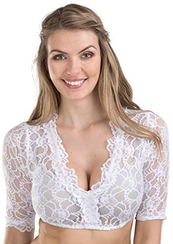 Schöneberger Trachten Couture Damen Dirndlbluse aus Spitze Weiss - Elegante, Exklusive halbarm Damen Dirndl Bluse - Stretch Trachtenbluse Windrose (48,Weiss)