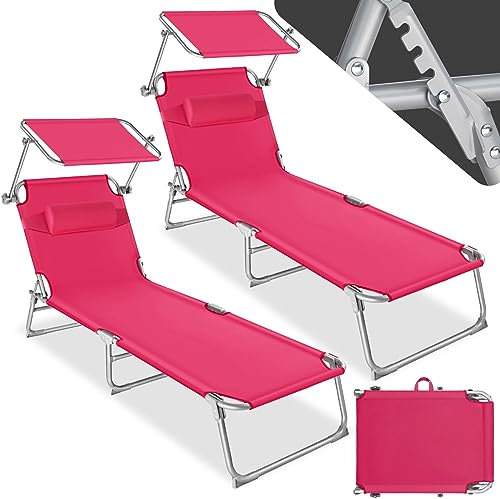 TecTake® Set de 2 Chaise Longue Pliante Bain de Soleil Jardin Exterieur avec Pare Soleil & Appuie-tête Chaise Longue inclinable Transat de Plage Relax Camping Salon de Jardin Exterieur - Rose