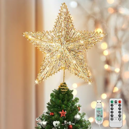 Luxspire Weihnachtsbaumspitze, Glitzern Christbaumspitze mit USB Betrieben, Timer und Fernbedienung Weihnachtsbaumspitze Stern Beleuchtet Weihnachtsdeko, Gold