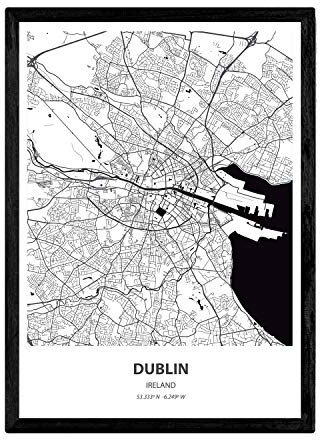 Nacnic Plakat mit Karte von Dublin - Irland. Blätter Städte in Europa mit Meeren und Flüssen in schwarzer Farbe. A4-Format