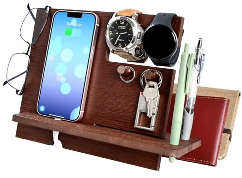 gift for Men Bedside Organiser Wood Phone Docking Station Dad Birthday Presents for Him Nightstand Key Wallet Watch Stand Mens Gifts for Xmas & Anniversary