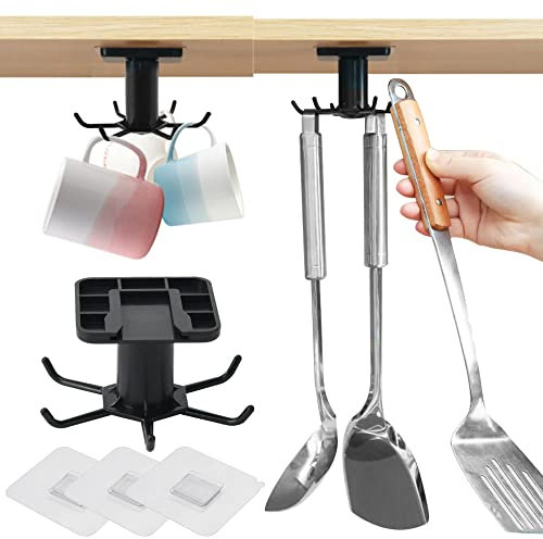 FAVENGO 3 Pcs Colgador Utensilios Cocina Adhesivo Negro 360 °Giratorio Colgador de Cucharones de Cocina Colgador Plastico Adhesivo para Tazas Cucharones Debajo del Mueble de la Cocina + 3 x Adhesivos