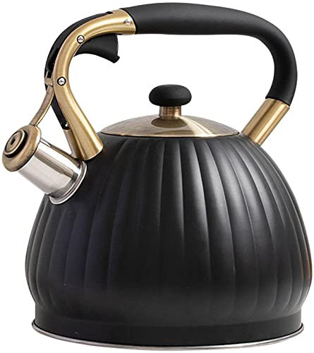 Bouilloire sifflante noire de 3,5 L, style rétro, en acier inoxydable de qualité alimentaire avec poignée anti-brûlure, théière exquise, adaptée pour cuisinière à gaz ou plaque à induction