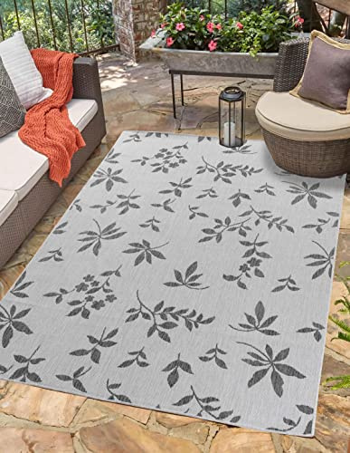 Serdim Rugs Sky Kilim Braided Floral Design Outdoor Rugs, Dark Grey, Rectangle 160 x 230cm