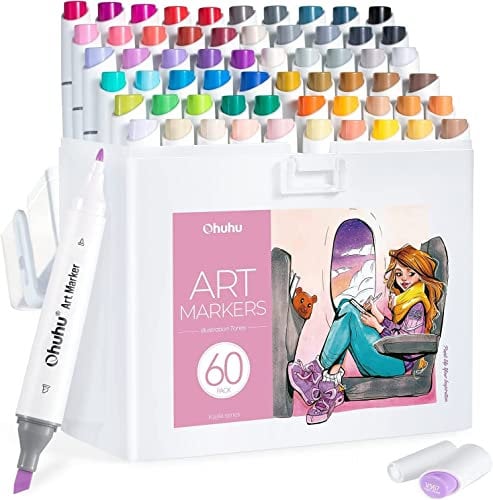 Ohuhu Marker, 60 Farben Doppelspitze Alkohol Marker(Schlank Breit und Fein) + 1 Blender - Nahtloses Mischen, Tinte Nachfüllbar für Künstler Färbung Zeichnung Cartoon Anime Comic - Kaala Serie