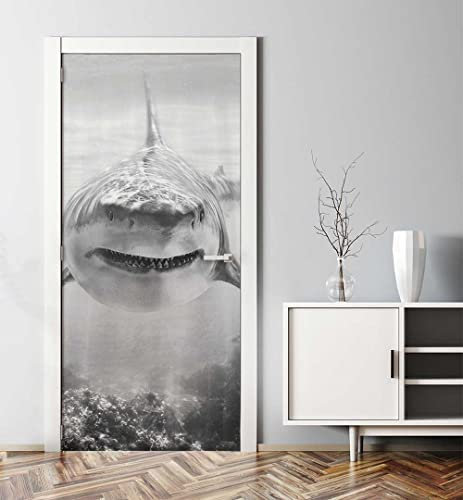 MyMaxxi - Tür bekleben mit Türtapete Türposter Türfolie Selbstklebend 90x200 Raubfisch Hai schwarz weiß - Tür verschönern Türaufkleber Türklebefolie Meer Unterwasser schwarz weiß