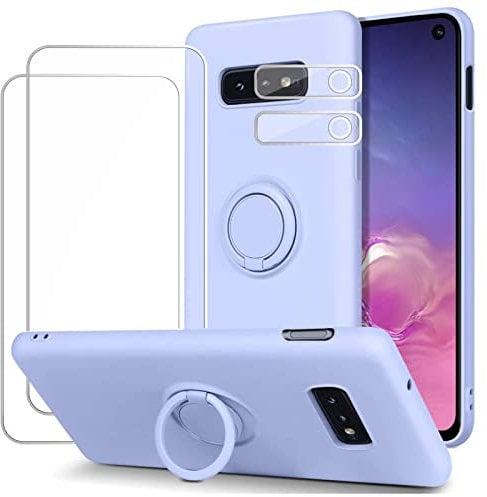 Esakycn for Samsung Galaxy S10e Case, Phone Case with 2 Pack Screen Protector and Camera Lens Protector, Silicone with 360 Kickstand Ring Holder Magnetic Car Mount for Samsung S10e 5.8, Purple