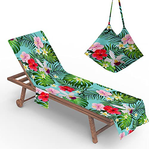 Morbuy Liegestuhl Handtuch mit Taschen, Strandtuch für Liegen, Tropischer Stil Strandliegen Handtuch Mikrofaser Leicht Strandtuch für Schwimmbad, Strände, Garten, Hotel (73x210cm,Monstera)