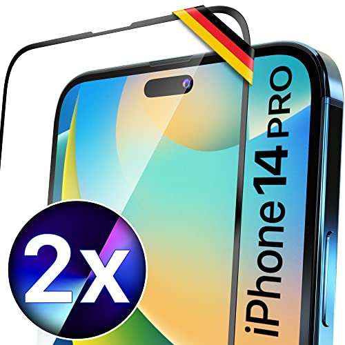 UTECTION 2X Full Screen Schutzglas für iPhone 14 PRO | Perfekte Passform vom Deutschen Anbieter | Kinderleichte Anbringung > Keine Blasenbildung, ultimative Glashärte für Langzeitschutz