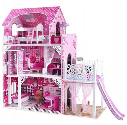 COIL Holzpuppenhaus, großes Spielzeugset mit Möbeln und Zubehör, Rutsche, Aufzug, ideal für Mädchen und Jungen