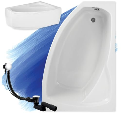 BADLAND Badewanne Original Weiß Acryl Wanne Eckbadewanne FRIDA 150x90 Rechts KOMPLETTSET SET mit Weiß Acrylschürze + Füßen und Exklusive Chrom Automatik Ablaufgarnitur Made in EU 4in1