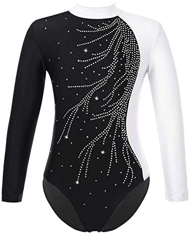iEFiEL Kinder Mädchen Turnanzug Langarm Gymnastikanzug Glitzer Ballett Trikot Tanzkleidung Trainingsanzug Leotard Sportanzug T Weiß 158-164
