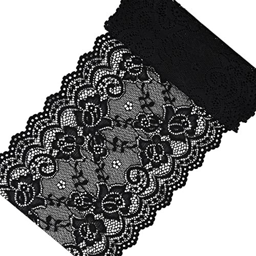 Schwarz Spitzenband, Vintage Stretch-Blumenmuster Spitzenbordüre, Breiter Dekorativ Spitzenstoff Tüll Spitze zum Basteln, Nähen, Geschenkverpackungen, Brauthochzeitsdekorationen (6in x 38.6in)