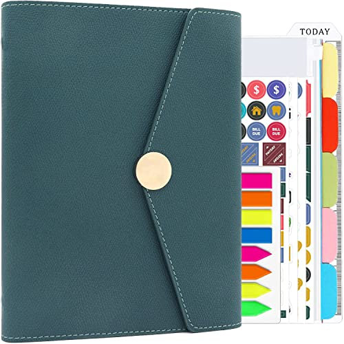 HXRTANGS Set di raccoglitori per quaderni in pelle PU, formato A5, ricaricabile, con bandiere per indice, divisori per soggetti, adesivi per budget, tasca con cerniera e righello segnalibro, blu