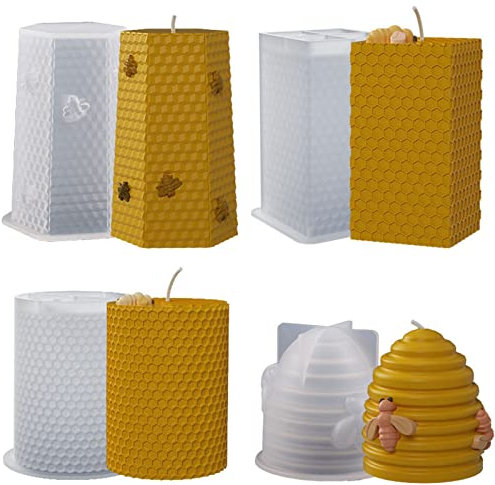 Xidmold 4 Stücke Bienenwaben Stumpenkerze Silikonform Kerzenform, 3D Biene Honigwabe Kerzengießform Silikon, Silikonform für Bienenenwachskerzen, Seife, Fondant, Harz Handwerk