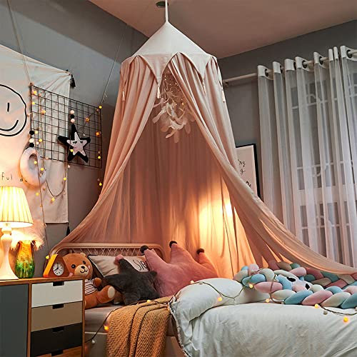 Surwin Betthimmel Madchen Jungen Babybett Doppelbett, Moskitonetz Baldachin Kinderzimmer Einzelbett Himmel Schlafzimmer Dekoration Spielzelte Kinder Geschenk, Ohne Bohren (Quaste hellrosa)