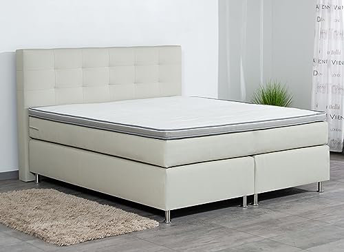 AUKONA Boxspringbett Phönix 140x200, Beige H3, 7 Zonen Taschenfederkern-Matratze, H2 H3 H4, Komfortschaum-Topper, Lieferung und Aufbau kostenlos