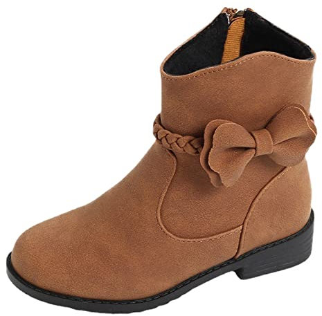 Stivali western con cerniera laterale per ragazze con decorazione a fiocco, dettagli intrecciati, stivaletti per bambini, stivaletti da equitazione con tacco basso e cerniera per bambini, marrone, 34