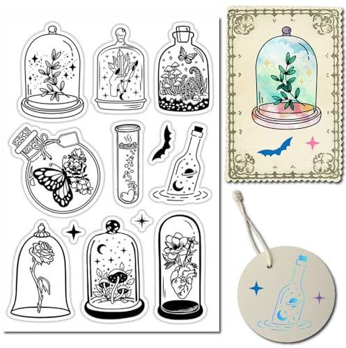 craspire Blumenvase-Stempel, Mond, Schmetterling, Stern, Fledermaus, Magie, Vintage, Durchsichtig, Transparent, Silikon-Siegel, Stempel Für Journaling, Kartenherstellung, DIY, Scrapbooking