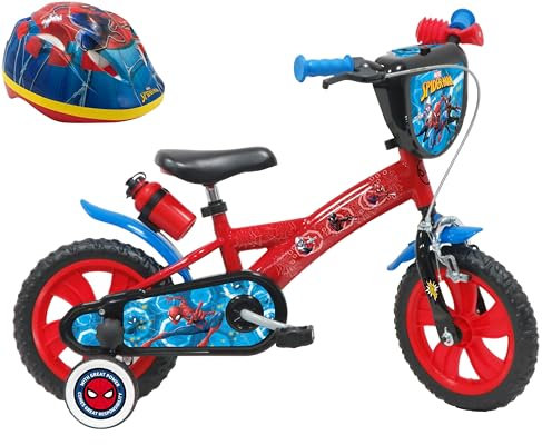 A.T.L.A.S. Bicicletta 12'' Spiderman dotata di 1 freno, piastra anteriore decorativa, parafanghi, carter e stabilizzatori. + Casco Spiderman incluso!