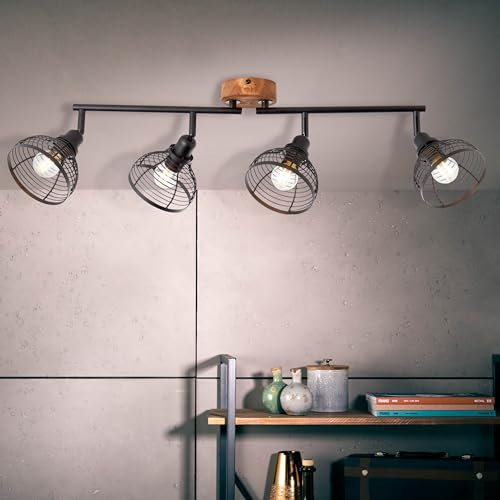 Lightbox Vintage Spotrohr - 22 x 70 x 12 cm - industrieller Deckenstrahler mit Gitter Schirmen & schwenkbaren Köpfen & Armen - 4 x E14, max. 40 W - aus Metall/Holz - in Schwarz/Braun