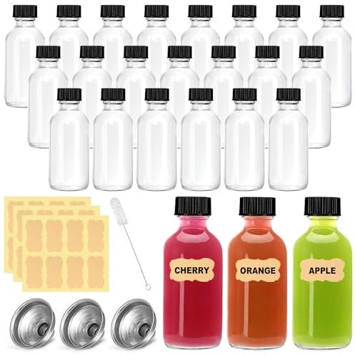 Kiswleon 2oz/60ml Glass Shot Bottles with Lids 24Pack,Small Ginger Bottle with Funnels Labels,Small Glass Bottles with Lids for Ginger Shots Juice Alcohol Oil Sauces
